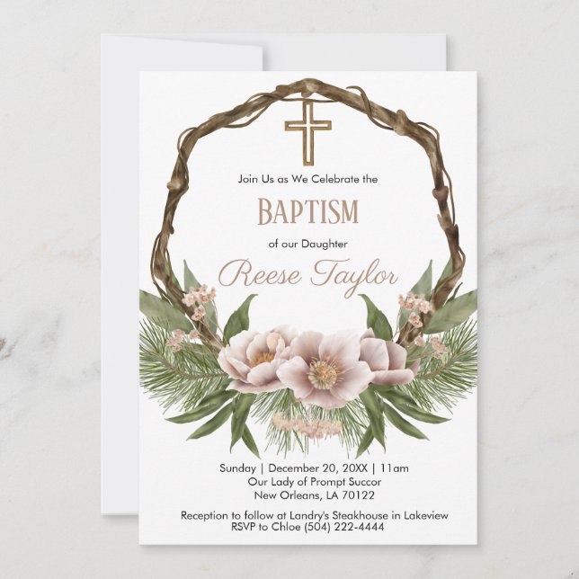 Invitation Boho Noël Wooden Wreath Baptême (Devant)