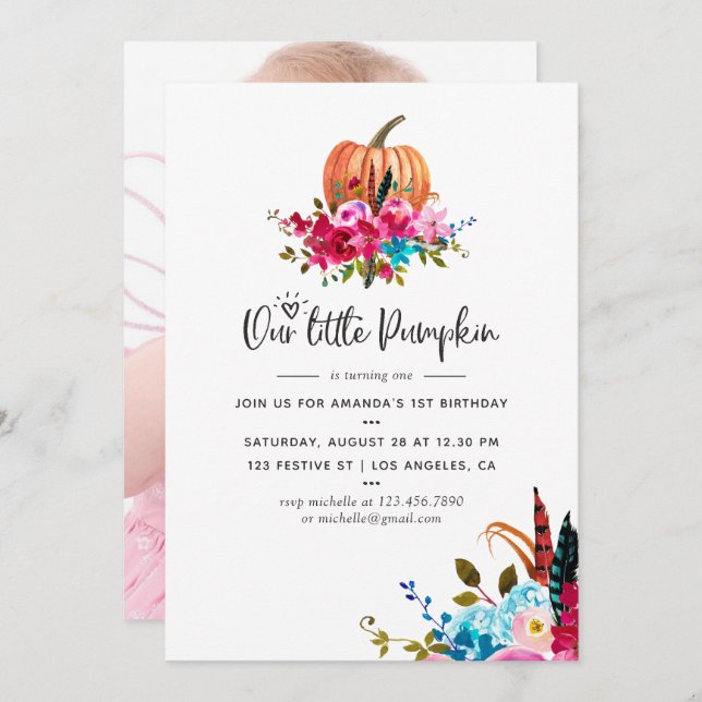 Invitation Boho Notre petit Citrouille N'importe quel âge fêt (Devant / Derrière)
