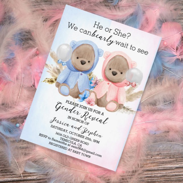 Invitation Boho Nounours rose bleu Révélation de genre (Créateur téléchargé)