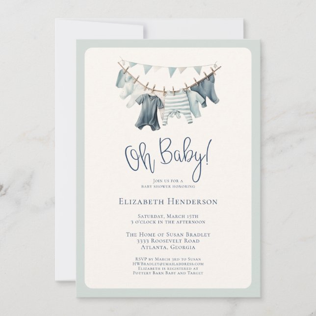Invitation Boho Oh Baby Boy Vêtements Baby shower de ligne de (Devant)