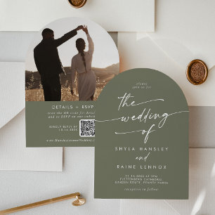 Invitation Boho Olive Green Photo QR Code Arch Mariage