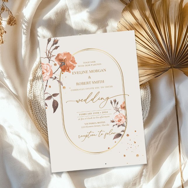 Invitation Boho or arche aquarelle rose tons marron feuille (Boho gold arch watercolor rose brown hues leaves invitation)