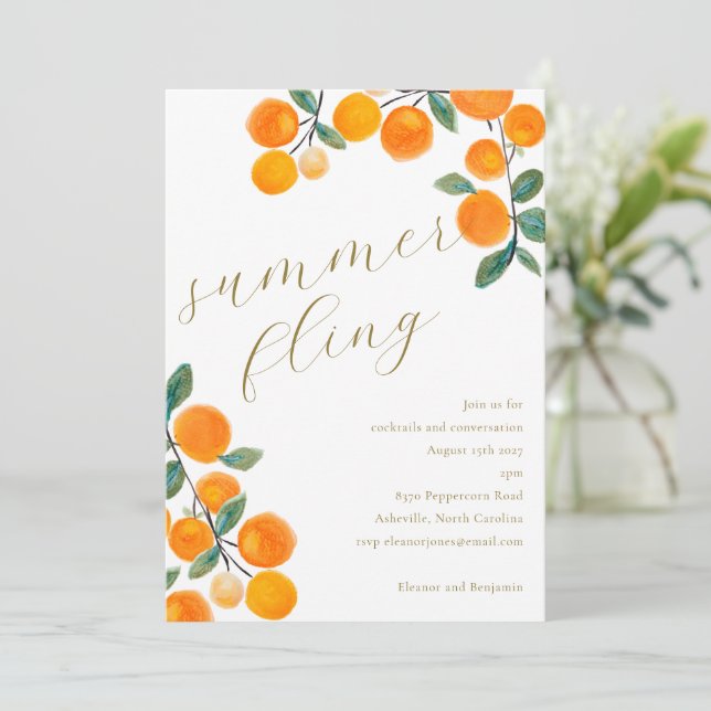 Invitation Boho Orange Agrumes Aquarelle Fruit d'été (Debout devant)