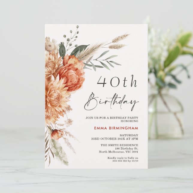 Invitation Boho Orange Beige Floral 40e anniversaire (Debout devant)