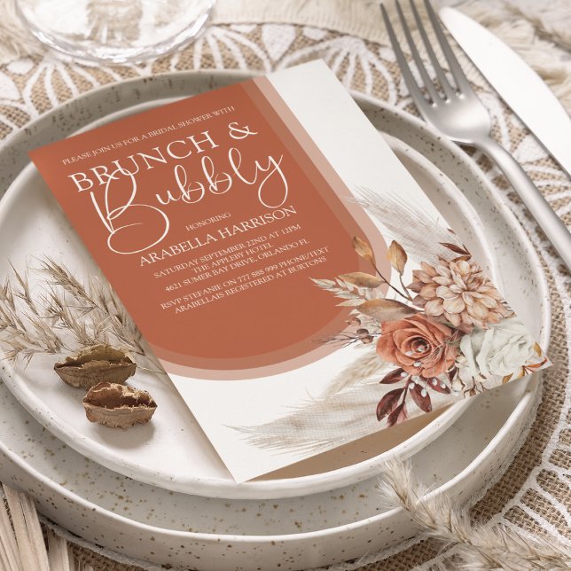 Invitation Boho Orange Brûlé Floral & Pampas Enterrement de V (Créateur téléchargé)