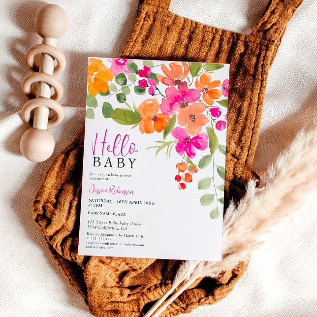 Invitation Boho orange floral aquarelle baby shower bonjour (Boho orange floral watercolor hello baby shower invitation)