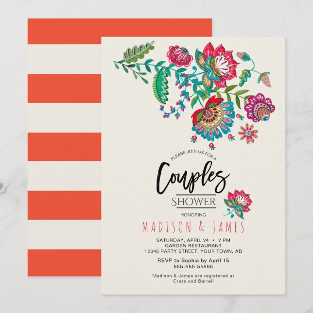 Invitation Boho Orange rayures Folk Flowers | Douche Couples (Devant / Derrière)