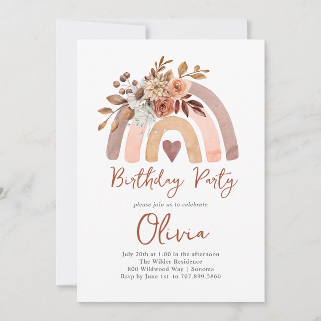 Invitation Boho Orange Terracotta Rainbow Girl'anniversaire (Devant)