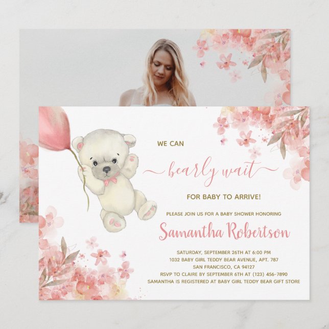 Invitation Boho Ours rose Floral Pampa Grass Baby shower fill (Devant / Derrière)
