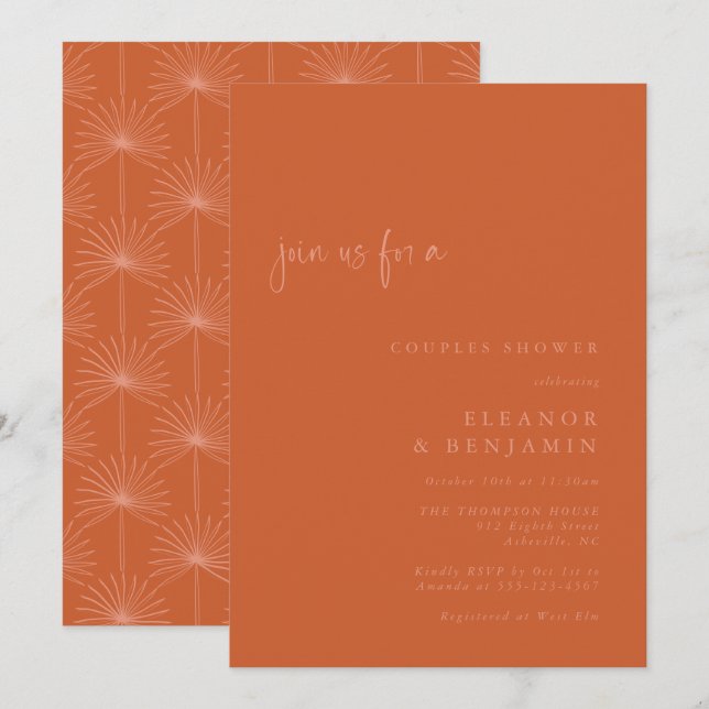 Invitation Boho Palm Botanique Brûlé Orange Couples Douche (Devant / Derrière)