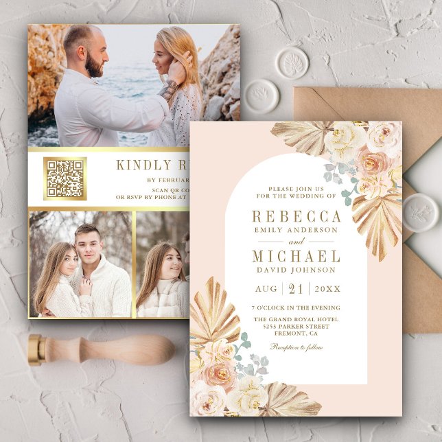 Invitation Boho Palm Dusty Earthy Floral Arch QR Code Mariage (Créateur téléchargé)