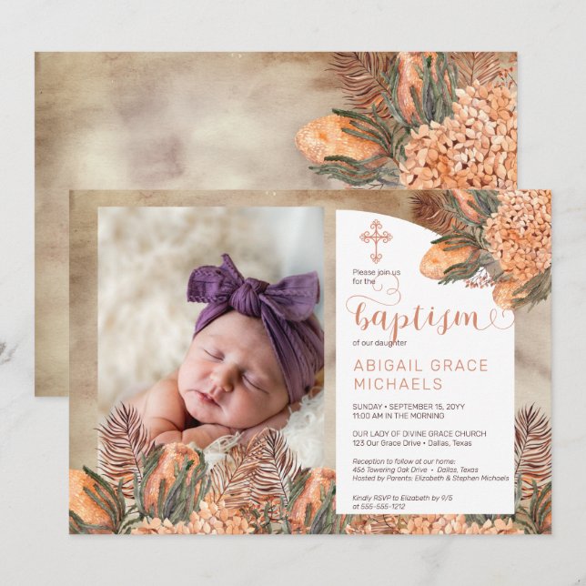 Invitation Boho Palm Feuilles Hydrangeas Girl Photo Baptême D (Devant / Derrière)