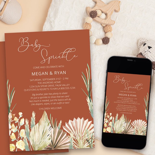 Invitation Boho Palm Foliage Terracotta Rustic Baby Sprinkl (Neutral and earthy boho baby sprinkle invitation with dried palms flowers and grass)