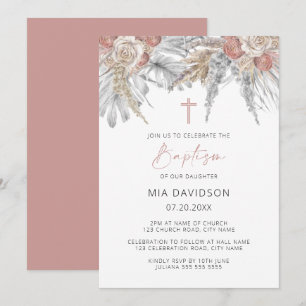 Invitation Boho Palm rose Pampas Grass Floral Baptême