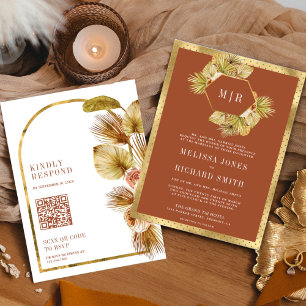 Invitation Boho Palm Terme Floral Terracotta QR Code Mariage