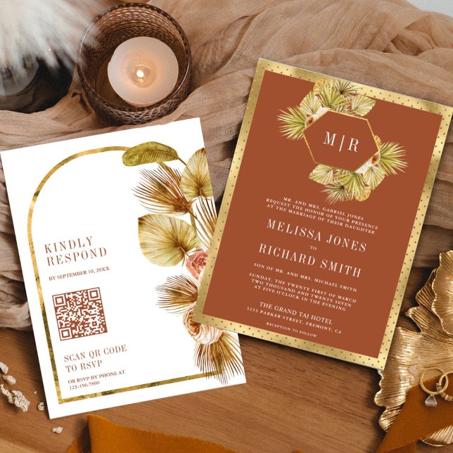 Invitation Boho Palm Terme Floral Terracotta QR Code Mariage (Créateur téléchargé)