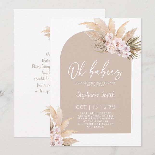 Invitation Boho Pampas Baby shower Arche en herbe Twin Girls (Devant / Derrière)