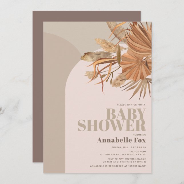 Invitation Boho Pampas Baby shower rose herbe (Devant / Derrière)