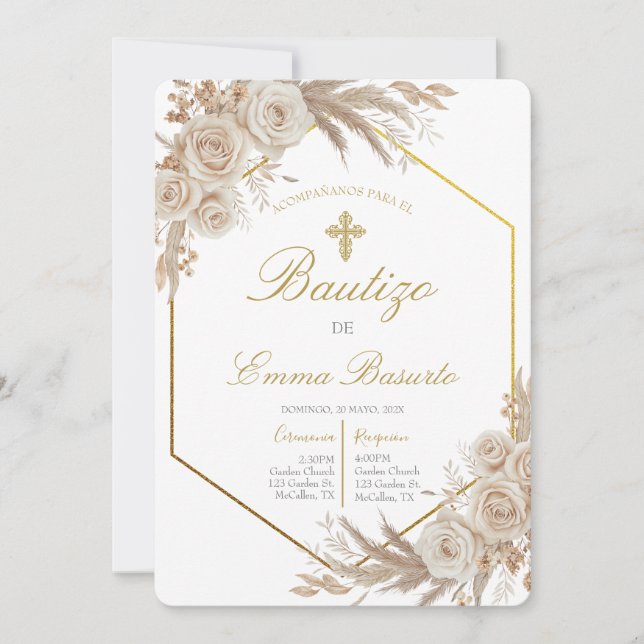 Invitation Boho pampas Baptism  (Devant)
