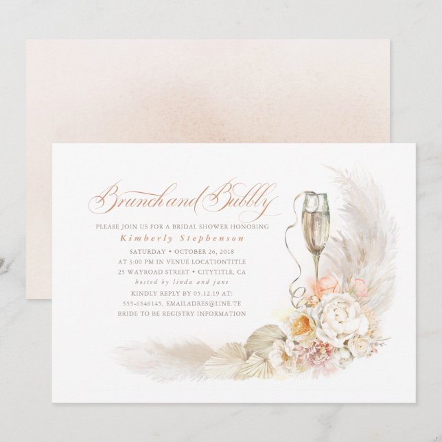 Invitation Boho Pampas Brunch Grass Brunch et Fête des mariée (Devant / Derrière)
