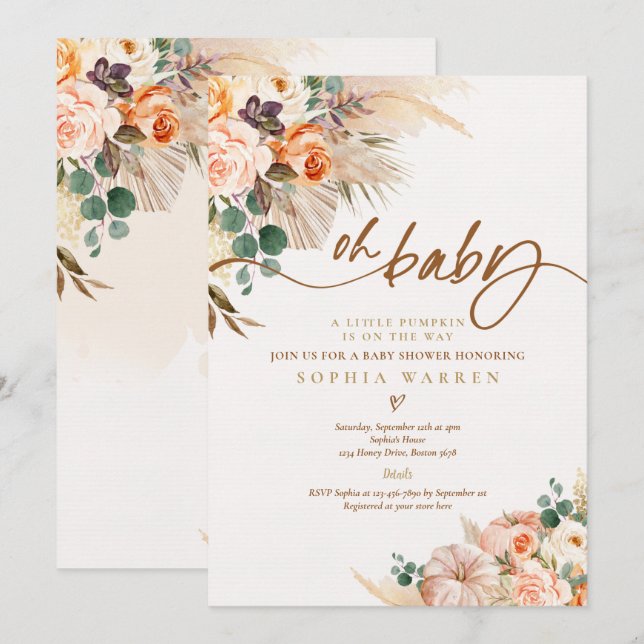 Invitation Boho Pampas Citrouille Baby shower en herbe Terrac (Devant / Derrière)