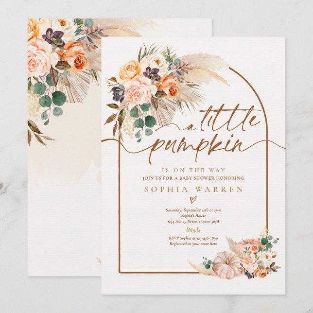 Invitation Boho Pampas Citrouille Baby shower en herbe Terrac (Devant / Derrière)