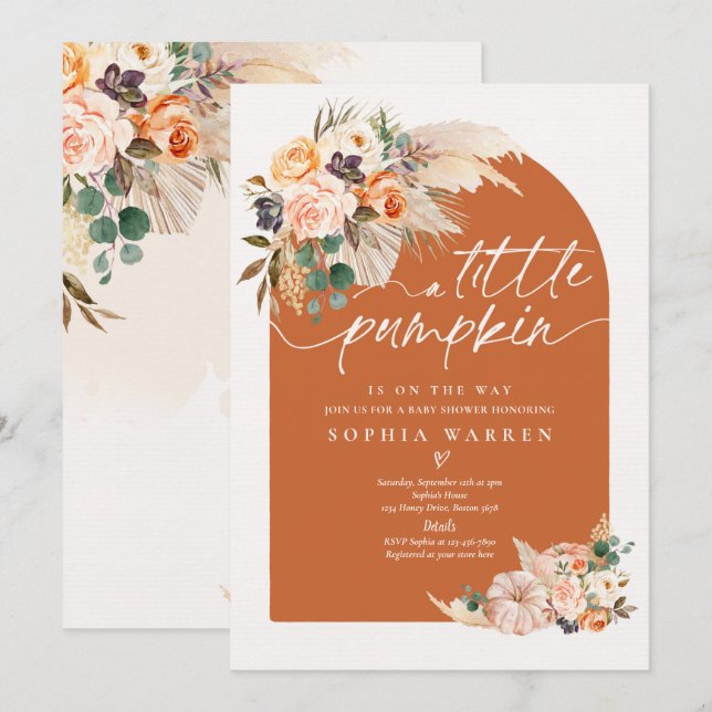 Invitation Boho Pampas Citrouille Baby shower  Grass Burnt Or (Devant / Derrière)