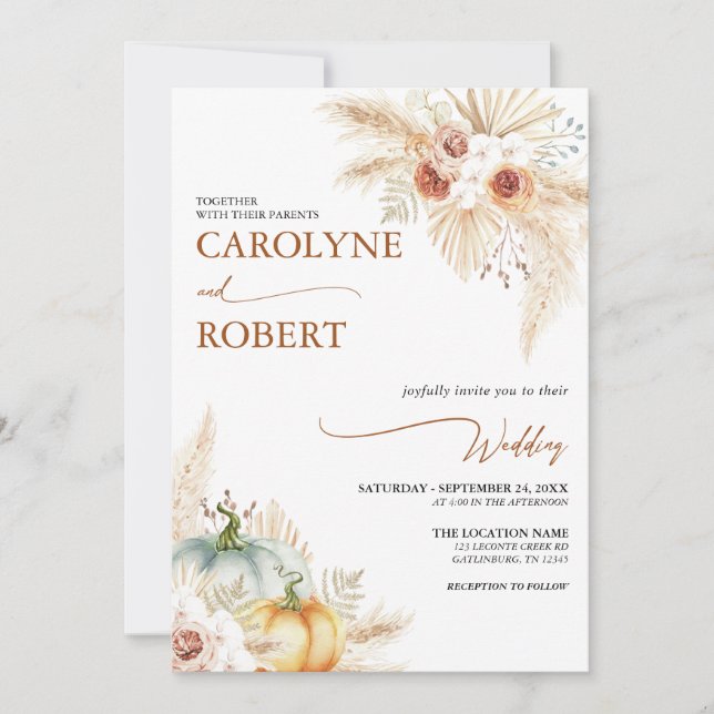 Invitation Boho Pampas Citrouille d'automne de l'herbe Faire- (Devant)