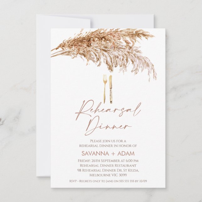 Invitation Boho Pampas Cutlery Dîner de répétition (Devant)