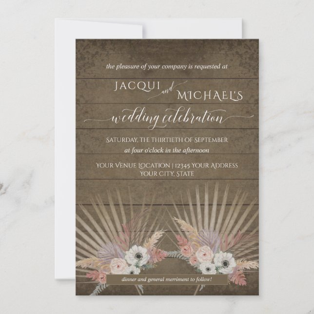Invitation BOHO Pampas de bois rustique Grass Flore de palmie (Devant)