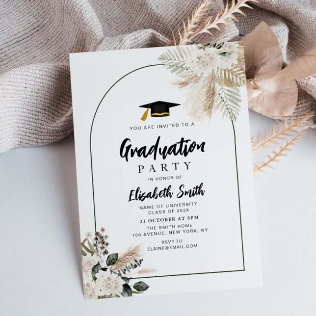 Invitation boho pampas et fête de graduation verdure (Créateur téléchargé)