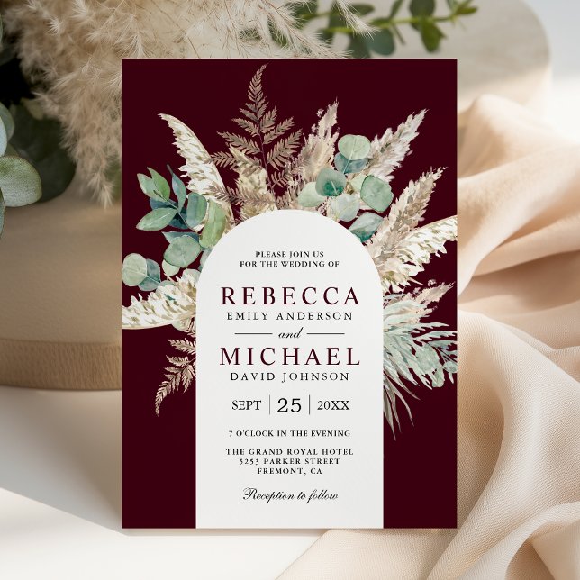 Invitation Boho Pampas Eucalyptus Arch Burgundy Wedding (Créateur téléchargé)