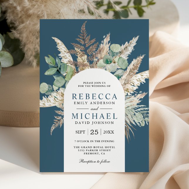 Invitation Boho Pampas Eucalyptus Arch Dusty Blue Wedding (Créateur téléchargé)