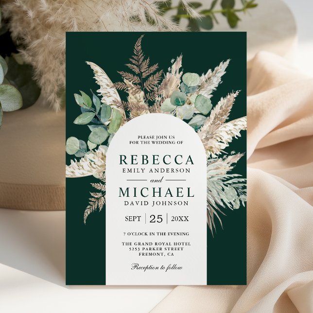 Invitation Boho Pampas Eucalyptus Arch Emerald Green Wedding (Créateur téléchargé)