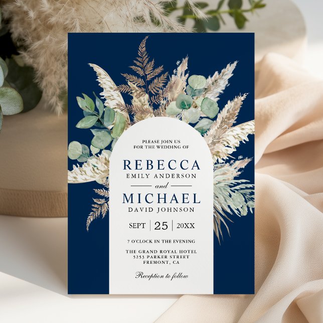 Invitation Boho Pampas Eucalyptus Arch Navy Blue Wedding (Créateur téléchargé)