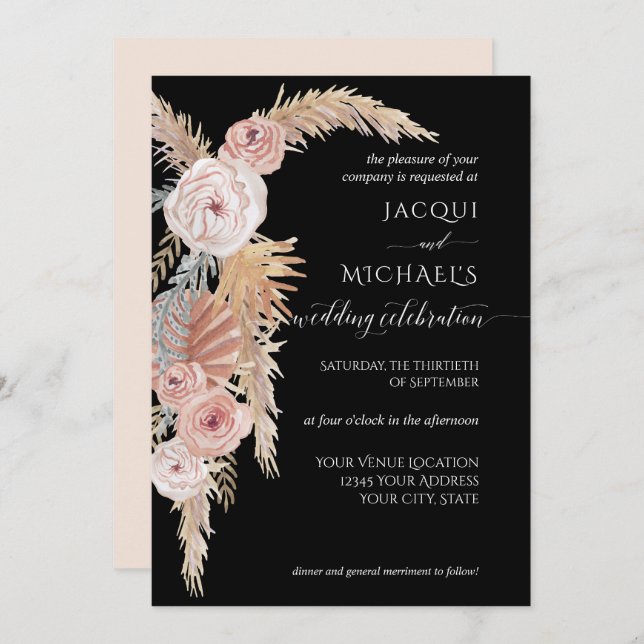 Invitation BOHO Pampas Feuillage de laiton Noir Blush Brown F (Devant / Derrière)