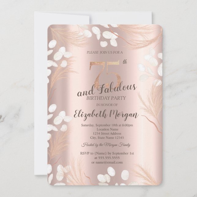 Invitation Boho Pampas Fleurs Rose Or 75e anniversaire (Devant)
