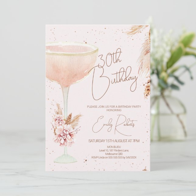Invitation Boho Pampas Floral et Verre Anniversaire (Debout devant)