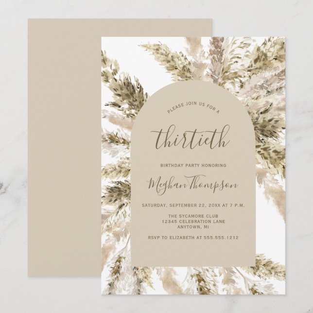 Invitation Boho Pampas Grass Arch 30e fête d'anniversaire (Devant / Derrière)