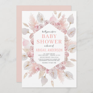Invitation Boho Pampas Grass Baby shower Élégant Rose-Noir 