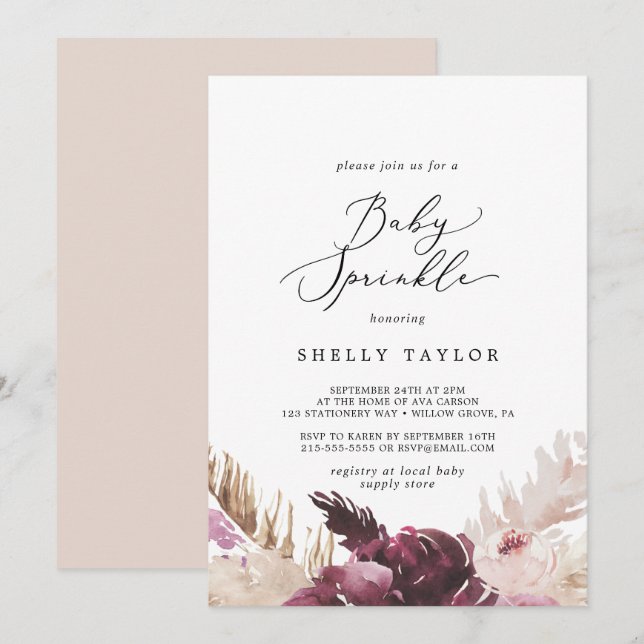 Invitation Boho Pampas Grass Baby Sprinkl (Devant / Derrière)