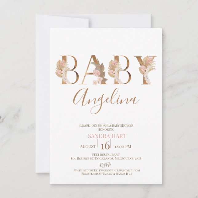 Invitation Boho Pampas Grass Baby's Name Baby shower (Devant)