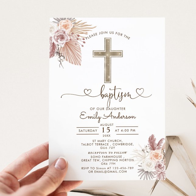 Invitation Boho Pampas Grass Baptême Christening (Créateur téléchargé)