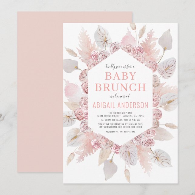 Invitation Boho Pampas Grass Bébé Brunch Élégant rose pâle (Devant / Derrière)