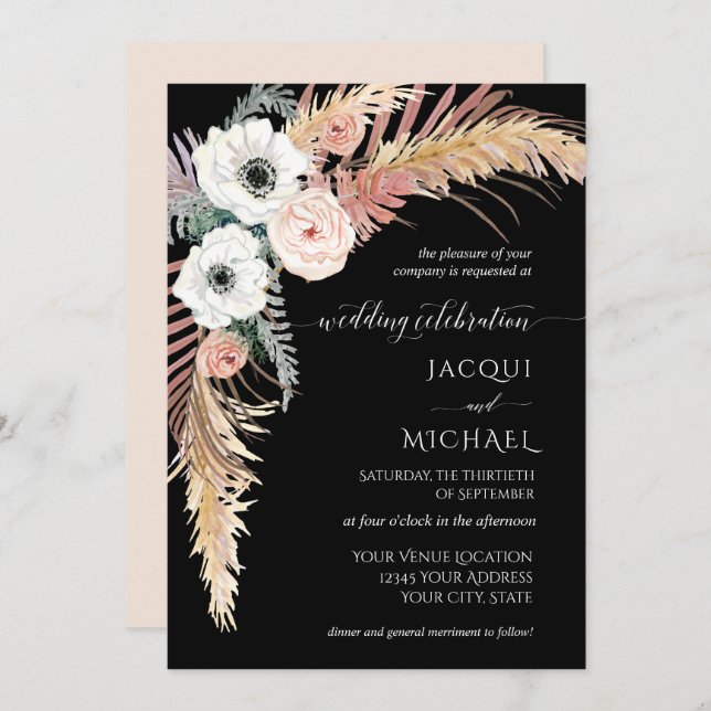 Invitation Boho Pampas Grass Blanc Blush Floral Palm Folim Fo (Devant / Derrière)