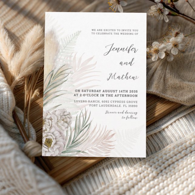 Invitation Boho Pampas Grass & Blanc Floral Mariage (Créateur téléchargé)
