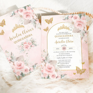 Invitation Boho Pampas Grass Blush rose Floral Quinceañera
