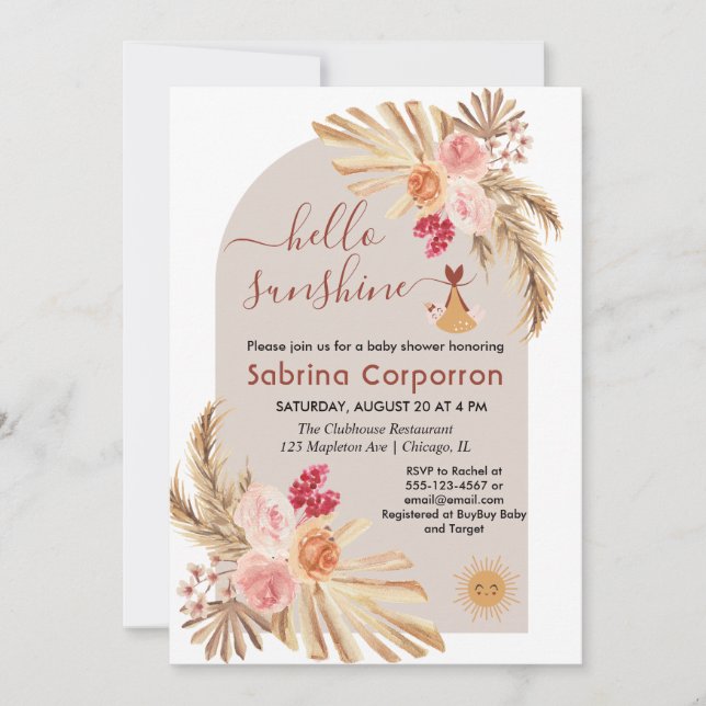 Invitation Boho Pampas Grass Bonjour Sunshine fille baby show (Devant)