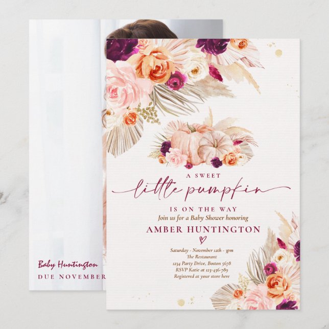 Invitation Boho Pampas Grass Citrouille Bourgogne Baby shower (Devant / Derrière)