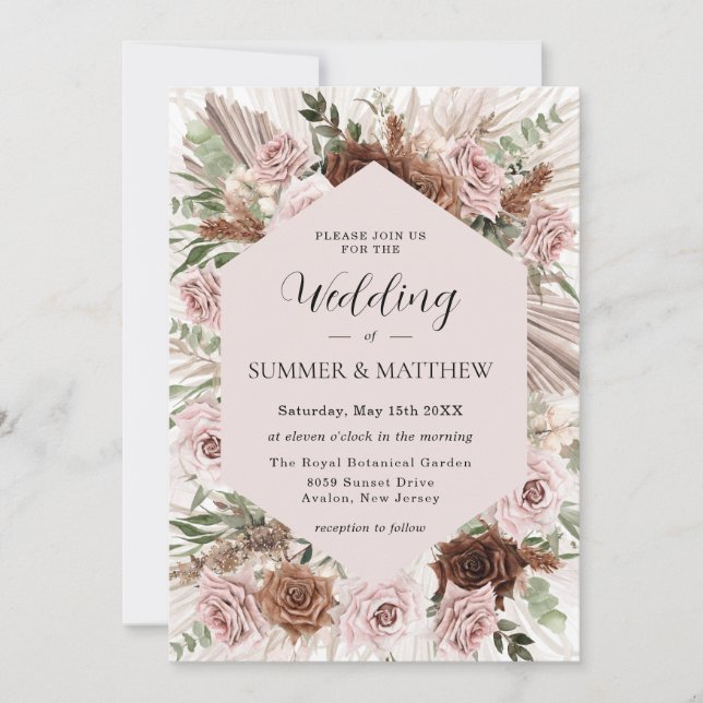 Invitation Boho Pampas Grass Dusty rose Brown Floral Mariage